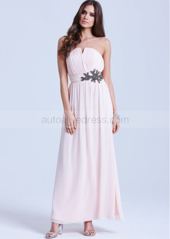 Chiffon Strapless Beads Long Prom Dress 